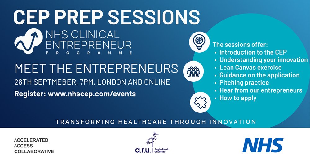 Big NHS Clinical Entrepreneur Event tomorrow evening 28th September 2022 in London. Make sure you're either online or live. Any healthcare innovators or entrepreneurs get yourselves involved. @NHS_CEP