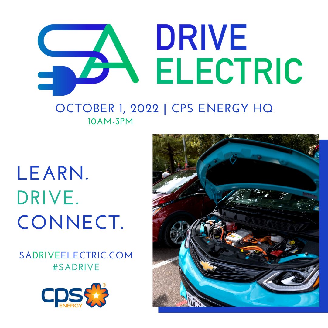 Are you excited for the big SA Drive Electric event this Saturday? From 10-3pm at the <a href="/cpsenergy/">CPS Energy</a> headquarters a day of fun, music, &amp; #EVs. There will be food, live music, and educational entertainment for all ages. Sign up for a test drive at sadriveelectric.com