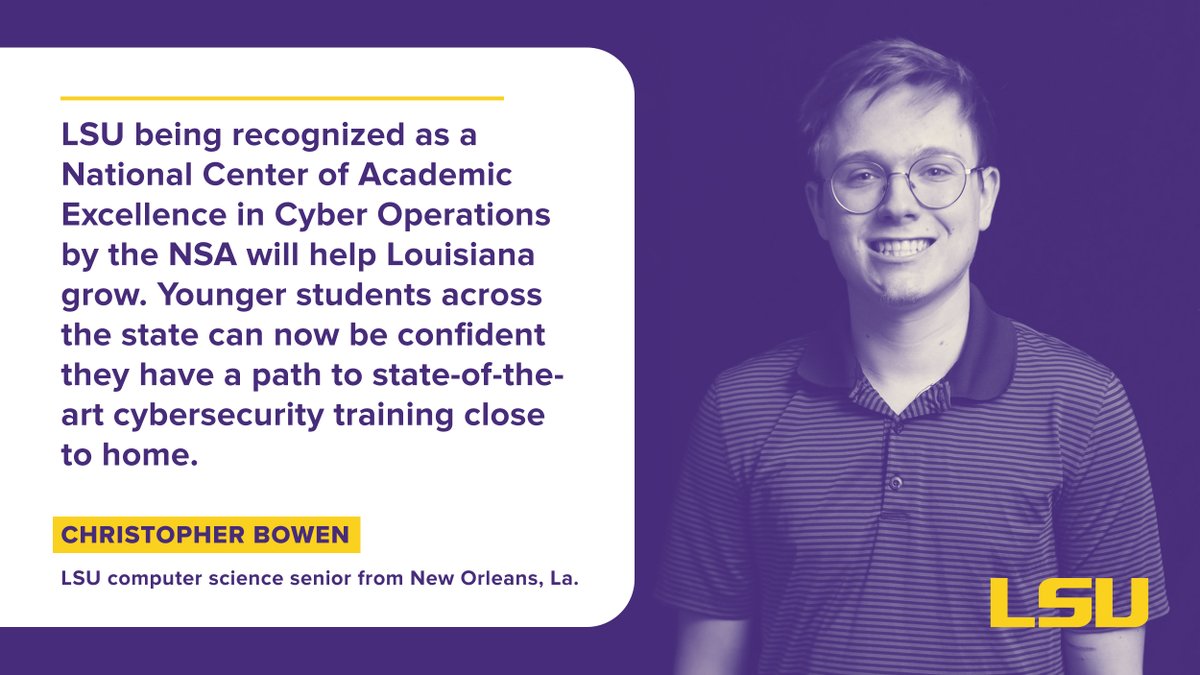 LSU Research (@lsuresearch) on Twitter photo LSU #cybersecurity senior Christopher Bowen from New Orleans, La., on the impact of LSU receiving the <a href="/NSAGov/">NSA/CSS</a> National Center of Academic Excellence in Cyber Operations designation:
lsu.edu/mediacenter/ne…
<a href="/LSU/">LSU</a> <a href="/LSUCyber/">LSU Cybersecurity</a> <a href="/LSUEngineering/">LSU Engineering</a> <a href="/LSUCCT/">LSU CCT</a> <a href="/attrc/">Andrew Case</a> <a href="/nolaforensix/">Golden G. Richard III</a> LSU #cybersecurity senior Christopher Bowen from New Orleans, La., on the impact of LSU receiving the <a href="/NSAGov/">NSA/CSS</a> National Center of Academic Excellence in Cyber Operations designation:
lsu.edu/mediacenter/ne…
<a href="/LSU/">LSU</a> <a href="/LSUCyber/">LSU Cybersecurity</a> <a href="/LSUEngineering/">LSU Engineering</a> <a href="/LSUCCT/">LSU CCT</a> <a href="/attrc/">Andrew Case</a> <a href="/nolaforensix/">Golden G. Richard III</a>