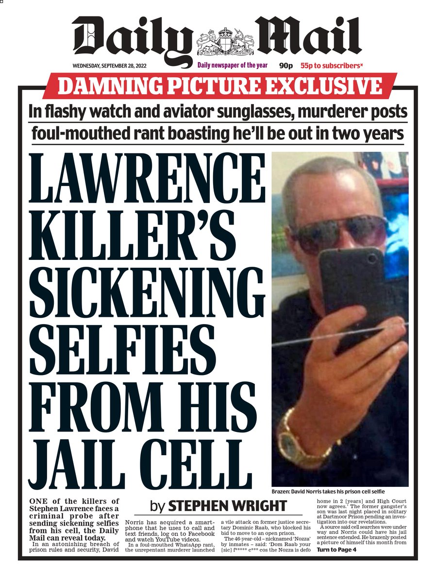 TmorrowsPapers's tweet photo. Wednesday's Mail: Lawrence Killer's Sickening Selfies From His Jail Cell #TomorrowsPapersToday #DailyMail #Mail https://t.co/8BHQyDQpCo