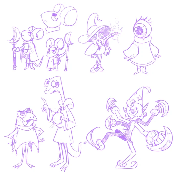 Cleaner concepts of my previous minions concepts. Mouse warrior, fly witch, eyeball imp, frog and lizard wizards, clown... thing, dog warrior, and cloak friend 