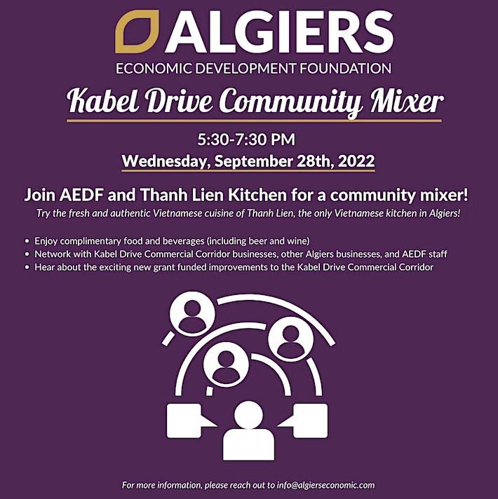 GNOIncEvents's tweet photo. . @AlgiersEconomic is hosting a community mixer tomorrow, Wed. Sep 28th, from 5:30 - 7:30! This mixer will bring together members of the AEDF network, other Algiers businesses, and business owners! 

Register: https://t.co/5T6AHf864C https://t.co/nblleD75ky