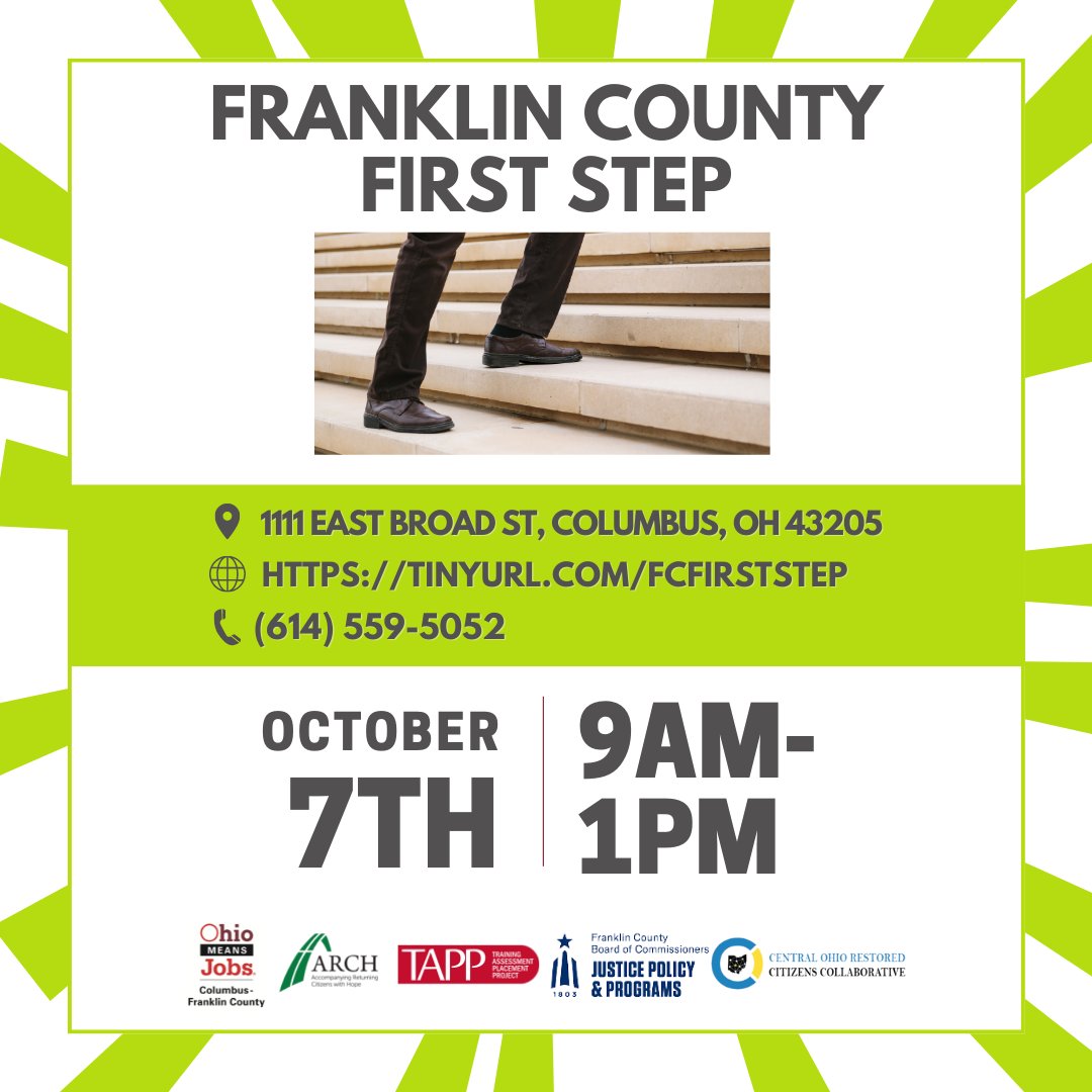 FranklinCoJFS's tweet photo. Coming home from prison/jail? On probation/parole? Arrests on your record? FIRST STEP IS BACK w/ vendors, volunteers &amp; resources on employment, health, public benefits &amp; more! 📞 614-559-5052

Franklin Co. First Step
📅 Fri, 10/7
⏰ 9 a - 1 p
📍 Ohio Means Jobs, 1111 E. Broad St https://t.co/PZsGyqliq3