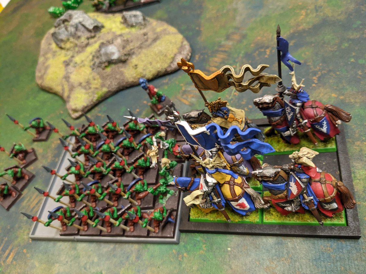 van_von_vulkvan's tweet photo. More #6thed #warhammerfantasy down the club tonight. Leading the knights of Bretonnia against as savage orc tribe. After a very rocky start the knights recovered and after some heroics managed to score a victory. FOR THE LADY!!! https://t.co/eu9kQGN6M4