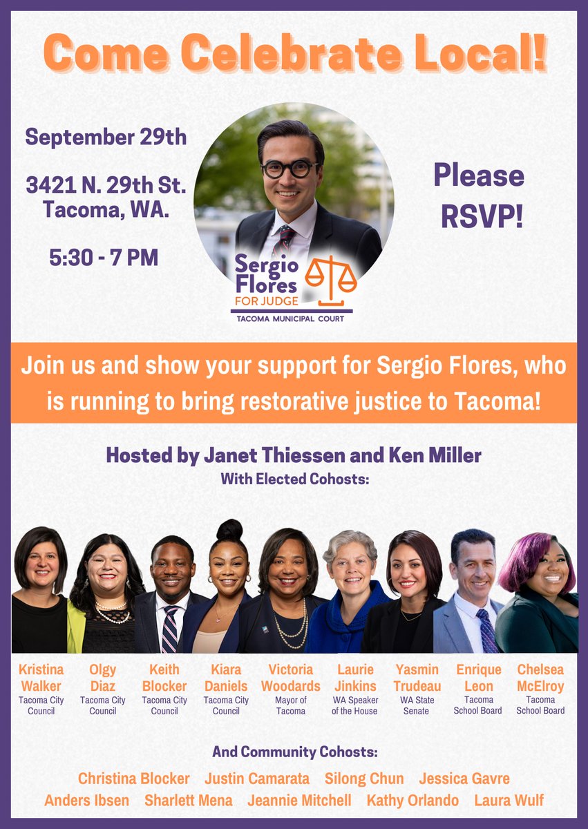 Hey Tacoma 👋🏽 Come join my fellow co-hosts and I this Thursday, September 29, 5:30–7:00 PM, to support Sergio Flores for Tacoma Municipal Court, Position 3! If you can't make it, please consider donating to his campaign here: secure.anedot.com/sergio/donate