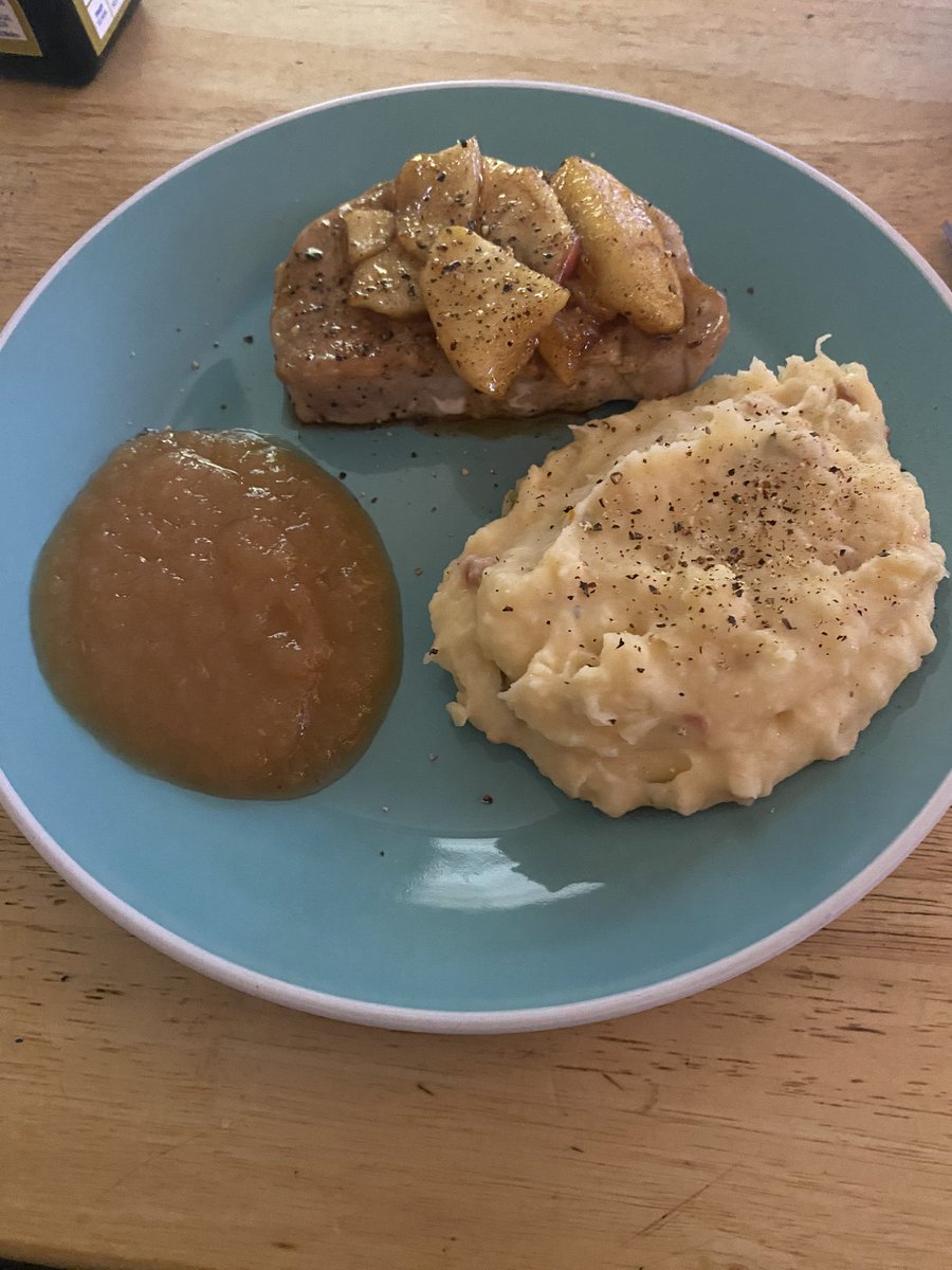 Cinnamon Apple pork chops with fresh applesauce and loaded mash potatoes