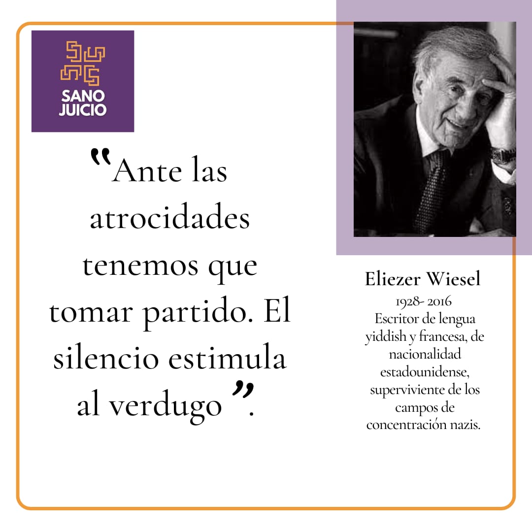 sanojuicioec's tweet photo. 🇺🇸#FrasesConSanoJucio 

La frase de Eliezer Wiesel quien dedicó su vida a escribir sobre los horrores del Holocausto, nos recuerda lo importante de tomar partido en contra de las injusticias.

 #Justicia  #SanoJuicio https://t.co/39FhToUJMs