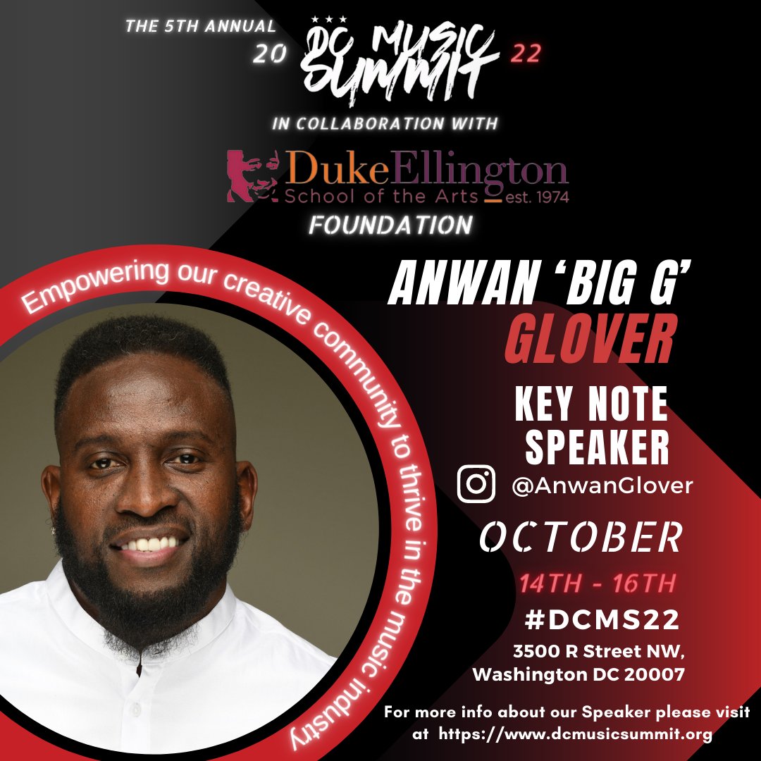 DCMUSICSUMMIT's tweet photo. Guess who the keynote speaker for this year's DC Music Summit is?!

Anwan “Big G”  Glover! Learn more about Anwan and his story by joining us Oct 14-16!

👉🏾Register: https://t.co/ZSQnHJYpEE

#DCMS22 #DCNonProfits #DMVMusicScene #DCMusicEvents #DCArts https://t.co/frN6qrqXvy