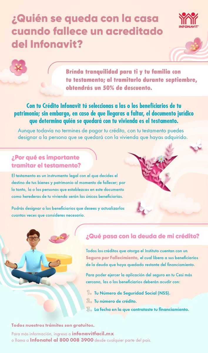 Infonavit's tweet photo. El fallecimiento de un ser querido siempre es un proceso difícil; por eso, es muy importante dejar todos los papeles en regla para cuando ya no estés. Solicita tu testamento y otórgale certeza a tus beneficiarios para el futuro de tu patrimonio. https://t.co/3YsLK7SlwF https://t.co/f9wb7hMx9X