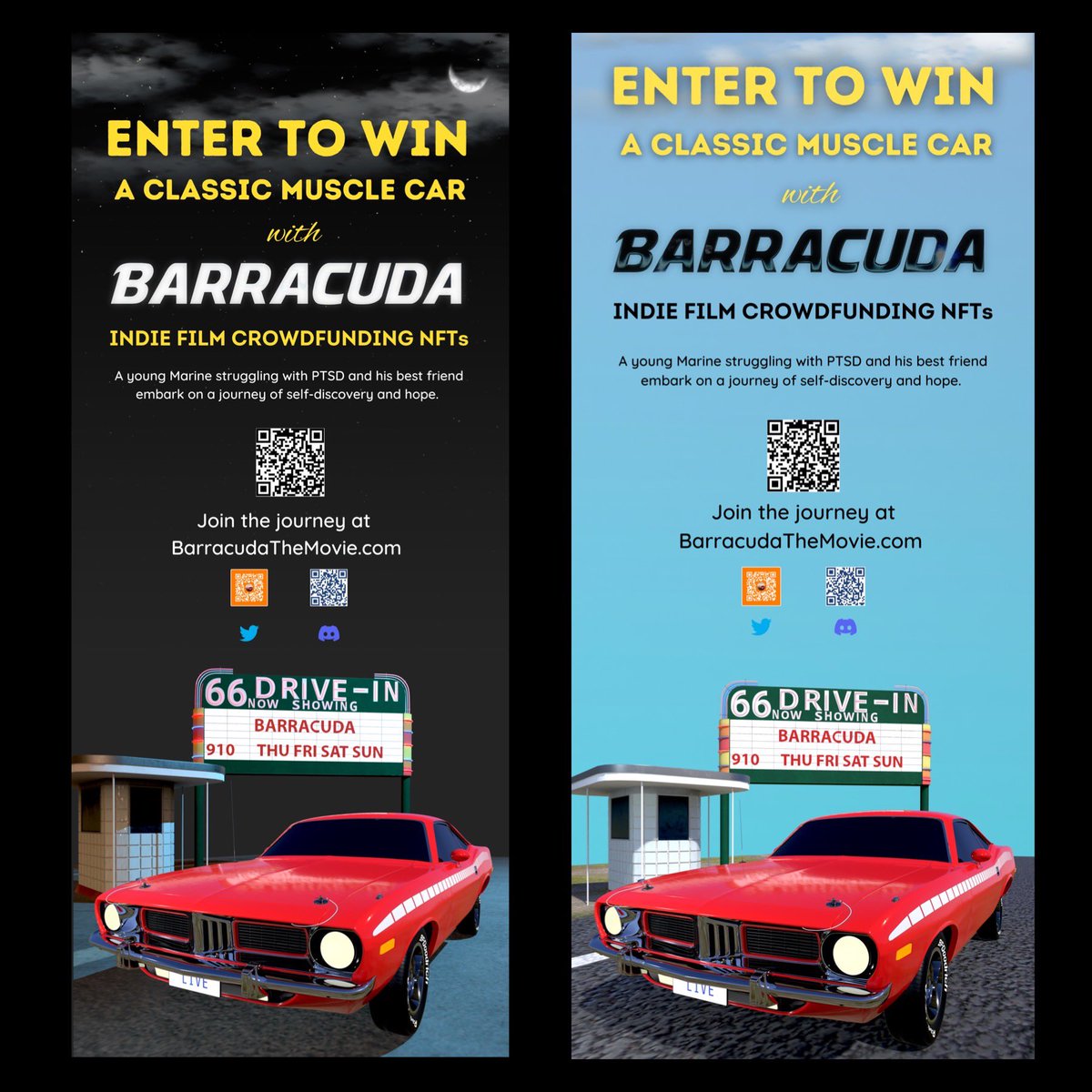Barracuda_Movie's tweet photo. Is it fate? That a Hot Rod show would start the day after our 🚀 launch? 

Learned about it driving home 1 late night during #GutterCon22 in #vegas. 

800 muscle cars/motorcycles!
🚗💨💨💨 We’ll be there!

Which #BarracudaMovie #NFTs banner design is best?

Tap 
💛4 Night
💙4 Day https://t.co/OuLshrR0zS
