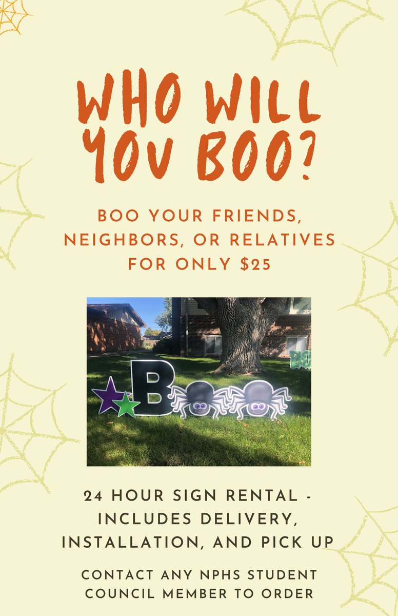 nphsstuco1's tweet photo. Who will you boo? Contact any student council member to rent a sign for only $25! https://t.co/Fn8bFxq1U5