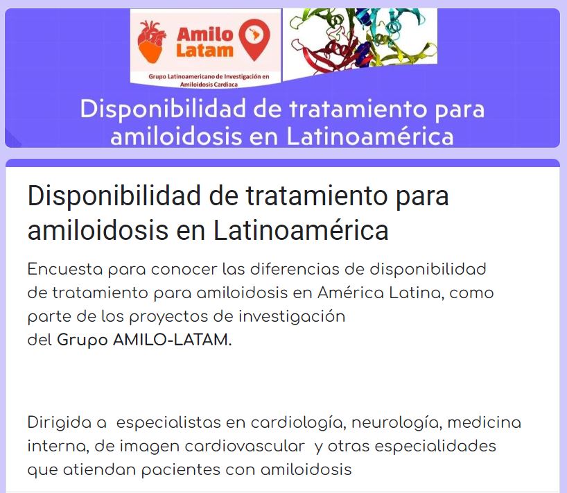 Encuesta "Disponibilidad de tratamiento para #amiloidosis en Latinoamérica" por el Gpo <a href="/AmiloLATAM/">AMILO-LATAM</a> favor de CONTESTAR y RT  #Amyloidosis #AmiloidosisCardiaca #CardioTwitter <a href="/Ggrossman11/">Ggrossman</a> <a href="/JorgeCamill/">Jorge Camilletti</a> <a href="/roxanacampisi/">Roxana Campisi, MD, MTSAC, MASNC</a> 
forms.gle/pNYuG2pJfmAKN7…