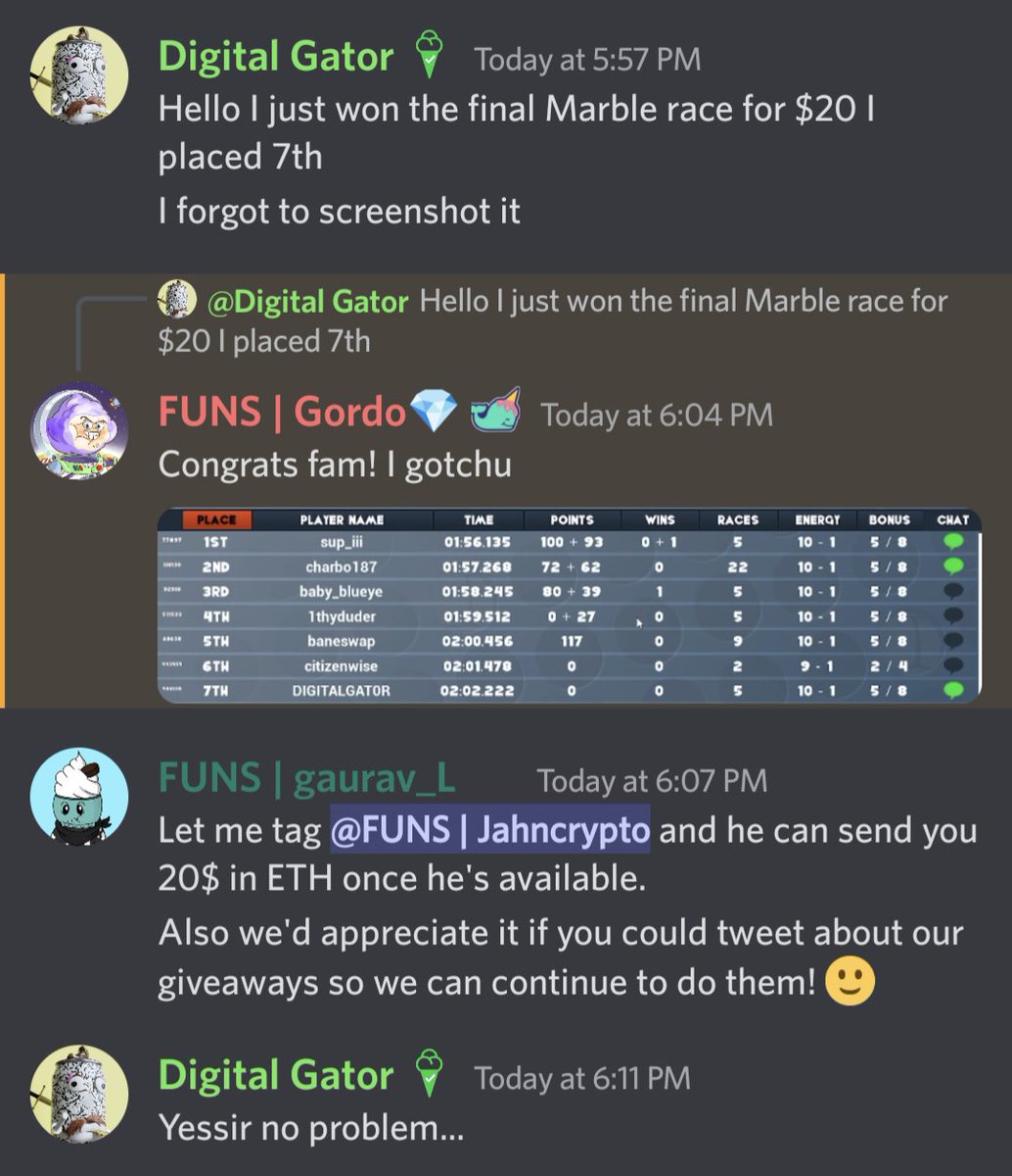 DigitalGator1's tweet photo. @Fundaesnft Had Marble Race Today With All Kinds Of Giveaway!! I Won The Final Race And Won $20 In Eth https://t.co/68zhSZVJSv