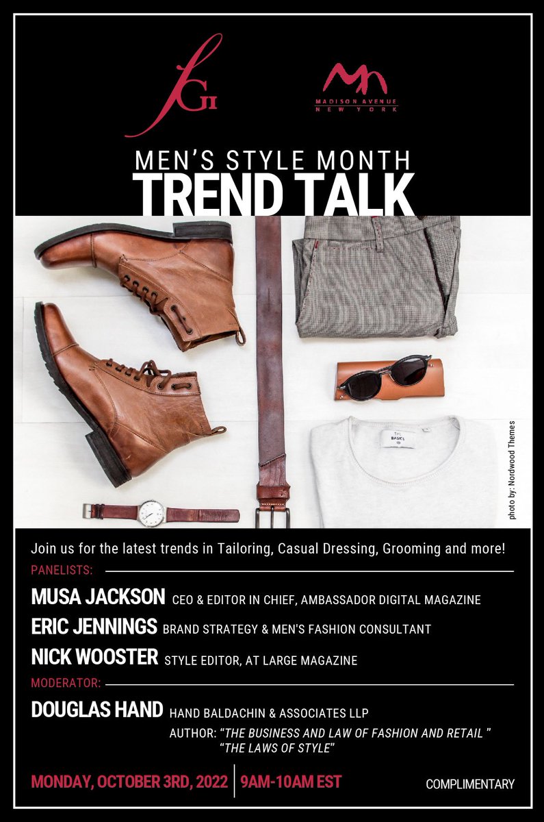 HandoftheLaw's tweet photo. A month of menswear activation - with a can’t miss panel on Men’s Style Trends for @FGINYC moderated by me with @NickWooster @IamMusaJackson and @ejny DATE October 3 - 9am (download it FREE) #thelawsofstyle https://t.co/BGtJpXaIco