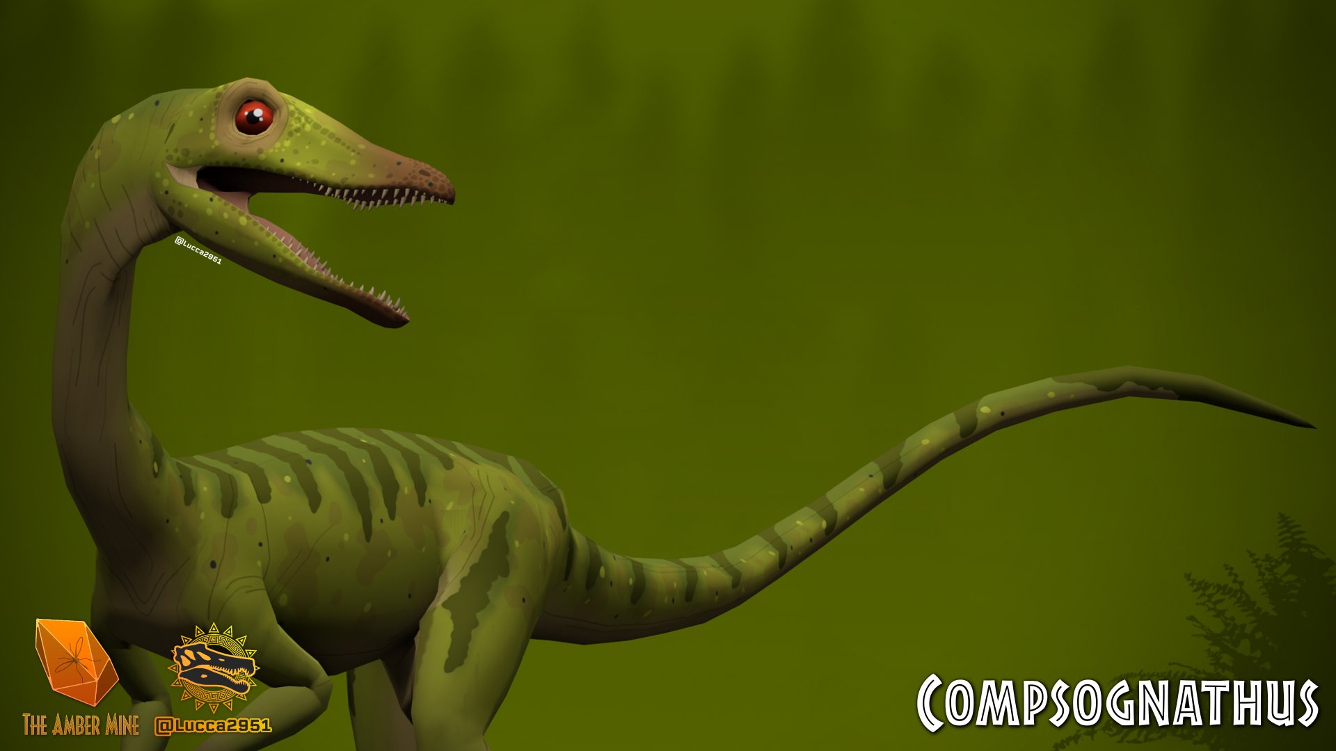 The tiny Compsognathus dinosaur is on the run - 3d render, special shaders  were used to create