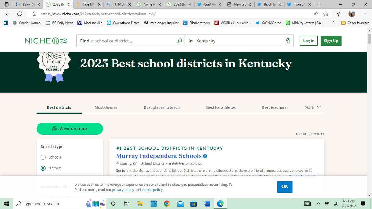 School rating platform Niche.com ranks Kentucky districts for 2023: Top 10 districts are Murray Ind., Beechwood Ind., Fort Thomas Ind., Boyle Co., McCracken Co., Harlan Ind., Bowling Green Ind., Pikeville Ind., Oldham Co. and Russell Ind. niche.com/k12/search/bes…