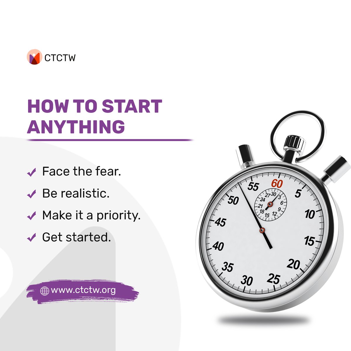 ctctworg's tweet photo. How to start anything.

1. Face the fear.
2. Be realistic.
3. Make it a priority.
4. Get started.

Remember, you can do anything you set your mind to!

#getstarted #start #howtostartanything #ctctw https://t.co/n52QJzztoZ