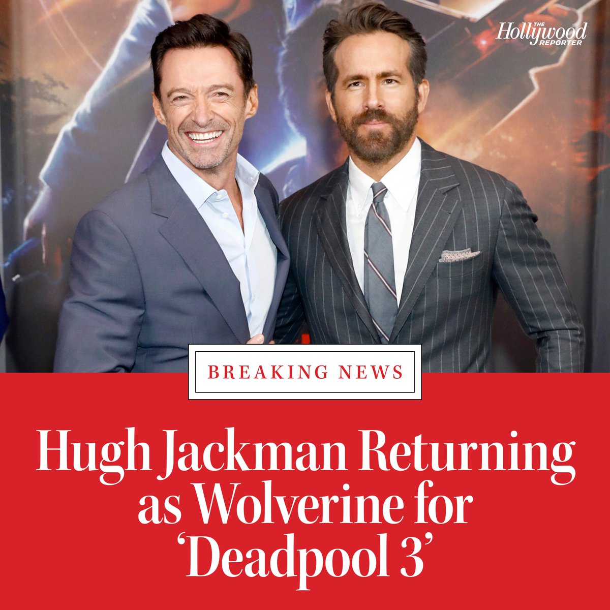 THR's tweet photo. Hugh Jackman is coming out of retirement as Wolverine. 

Ryan Reynolds shared the news that Jackman will appear in #Deadpool3: https://t.co/e1heLNfzYt https://t.co/NnLilvtlk6