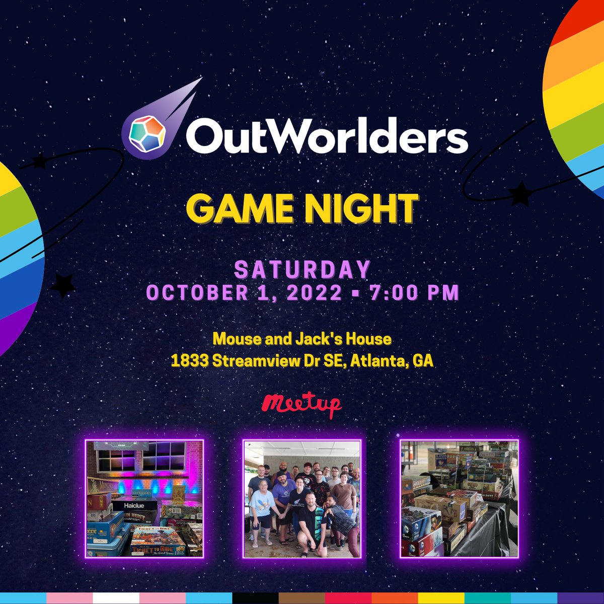 OutWorlders's tweet photo. OutWorlders Game Night is this Saturday! Link for more details: 

https://t.co/ty7MKSne0L

#OutWorlders #Game #BoardGames #VideoGames #MovieNight #GameNight #BookClub #Horror #SciFi #Geek #Nerd #ATL #Atlanta #atlgay #LGBTQIA #GameDay https://t.co/AdcX4Uju4L