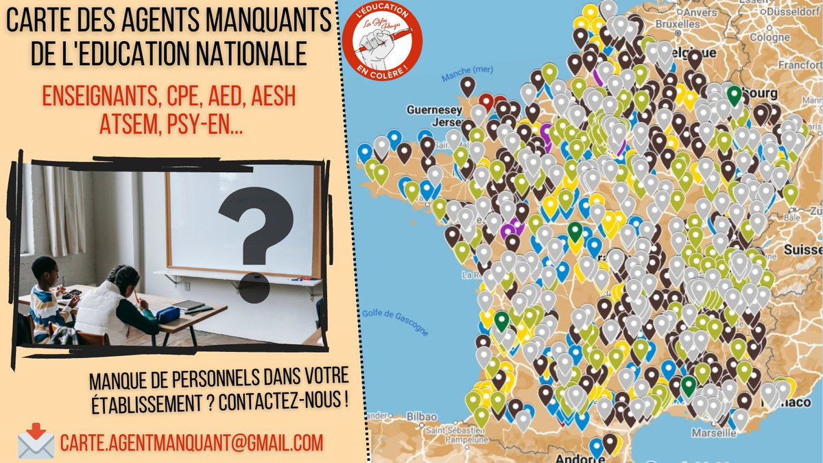 🗺️ Carte des personnels manquants❌ de l'éducation nationale

➡️ Nous recensons déjà plus de 1⃣7⃣0⃣0⃣ problèmes de recrutement !😱

⚠️Manque de personnels dans votre établissement ? Contactez-nous !
✍️ carte.agentmanquant@gmail.com

➡️ Lien vers la carte :
google.com/maps/d/viewer?…