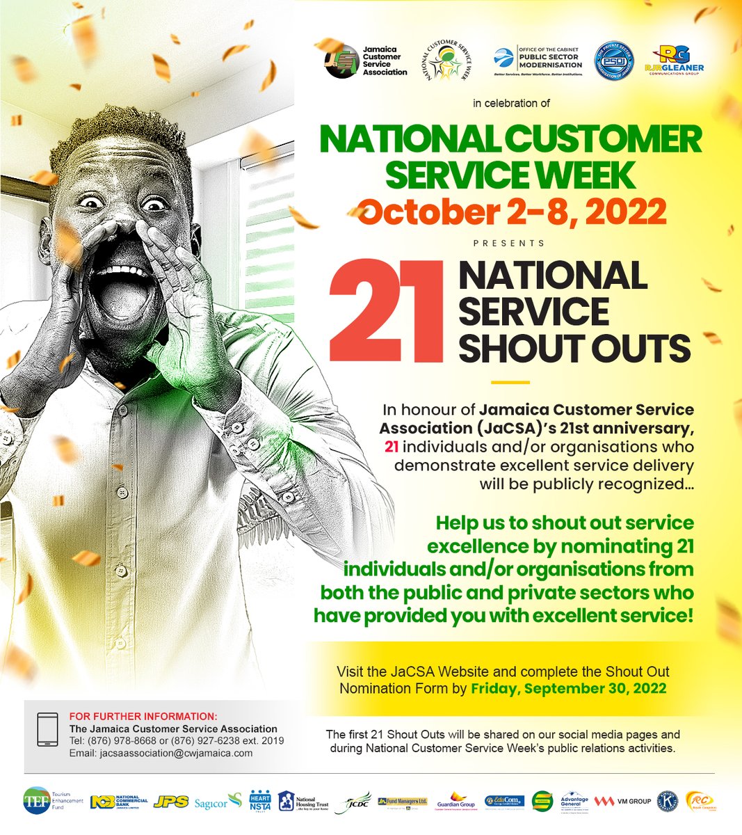 JaCSA_JM's tweet photo. Is there a recent “WOW” customer experience that stands out in your mind?

Tell us all about that individual &amp; organization by completing the nomination form on JaCSA’s website or  use the link - https://t.co/ff8rQm2L2L 

Send us your Nomination today!
#serviceshoutouts https://t.co/hXyCg5ijbW