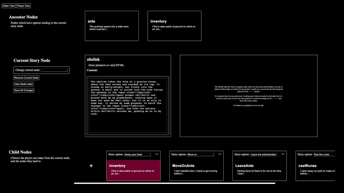 nymphofthevales's tweet image. My nonlinear story editor is available for use!

Add, edit, and link story nodes on the fly and write complex nonlinear structures while traversing the story as the reader would!

Fork the repo here and let me know if it works for you! :)
github.com/nymphofthevale…