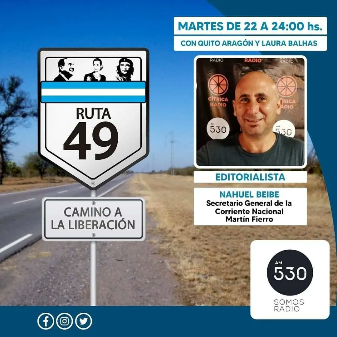 defierroradio's tweet photo. Ruta 49, El Camino de la Liberación 
🛣️4️⃣9️⃣ 
🎉 Subite a la Ruta de la Justicia Social 🎉

Conducen @quitoaragony @LauraBalhas

Vamos a estar charlando con:
🎙️ @MarcosCianni
🎙️ @nahuelbeibe
🎙️ Victoria Pita 
🎙️ Jimena Rodriguez 

¡De 22 a 24hs en @somosradioam530!
#Ruta49 https://t.co/5GebvWj2Fh