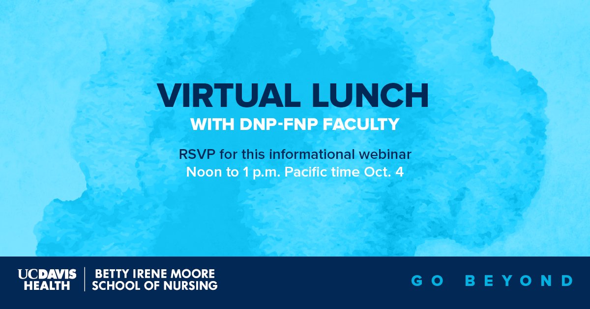 Grab some lunch and settle down in front of your laptop or mobile device and join us on October 4 at noon for an informal webinar with faculty from the new Doctor of Nursing Practice — Family Nurse Practitioner Degree Program.

Register here: ucdavis.health/3DYXuEJ