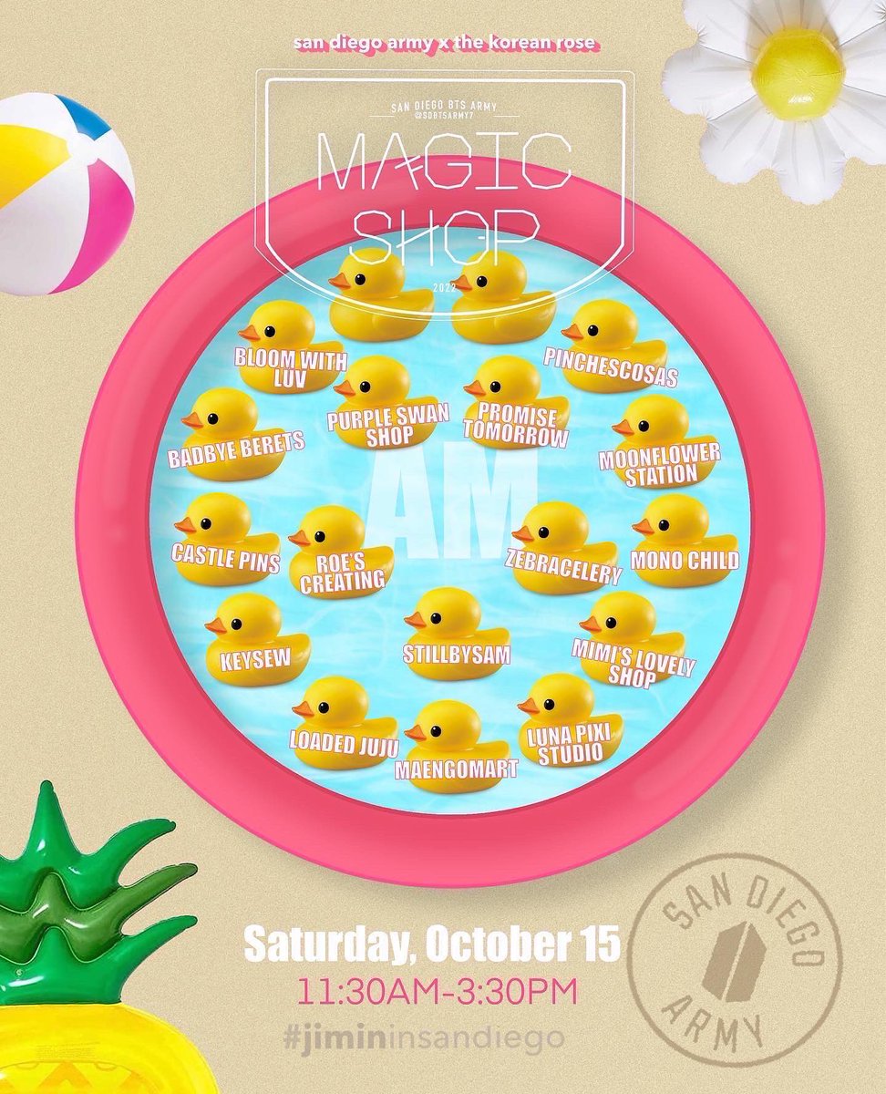 SDBTSARMY7's tweet photo. So show me, I’ll show you…

Introducing the line up for this year’s #JiminInSanDiego Magic Shop on SATURDAY October 15th 🥳

Which vendor are you most excited to see?! 🤩 https://t.co/sgcHzQnWXY