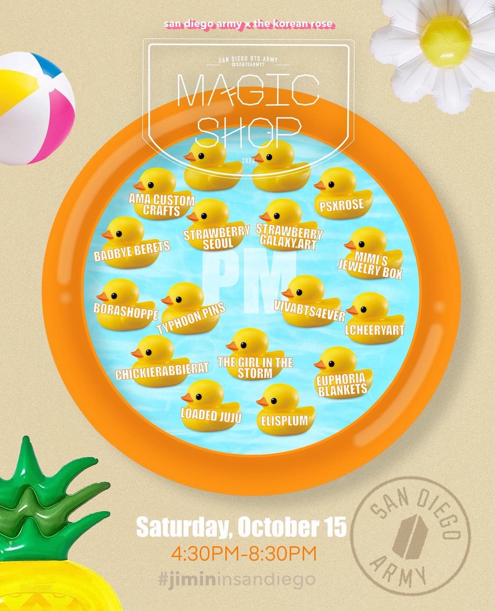 SDBTSARMY7's tweet photo. So show me, I’ll show you…

Introducing the line up for this year’s #JiminInSanDiego Magic Shop on SATURDAY October 15th 🥳

Which vendor are you most excited to see?! 🤩 https://t.co/sgcHzQnWXY