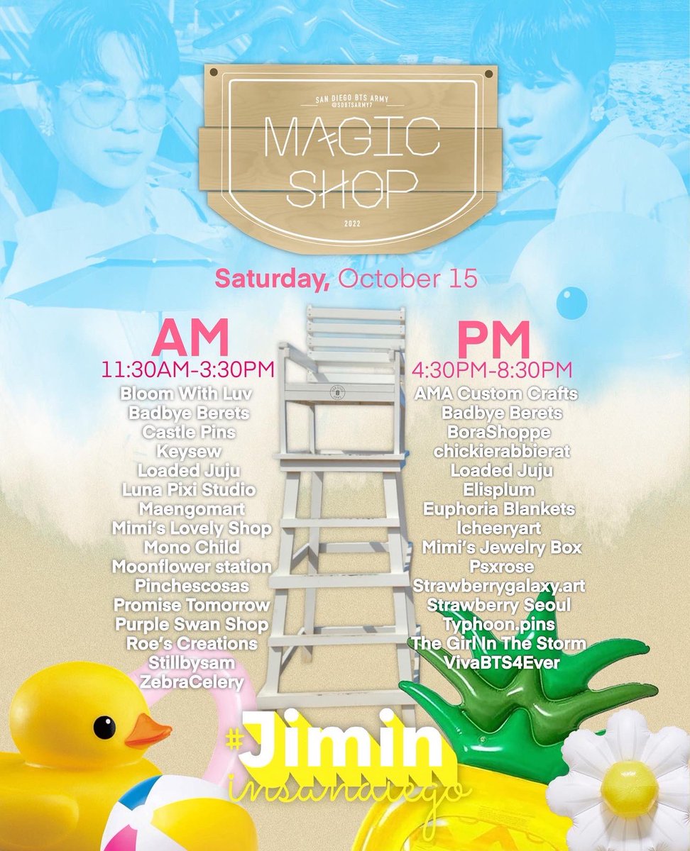 SDBTSARMY7's tweet photo. So show me, I’ll show you…

Introducing the line up for this year’s #JiminInSanDiego Magic Shop on SATURDAY October 15th 🥳

Which vendor are you most excited to see?! 🤩 https://t.co/sgcHzQnWXY