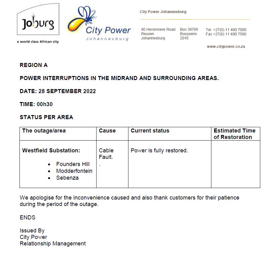 CityPowerJhb's tweet image. Region A #WestfieldOutage

Power is fully restored to all customers in #Foundershill #Sebenza #modderfontein ^DR