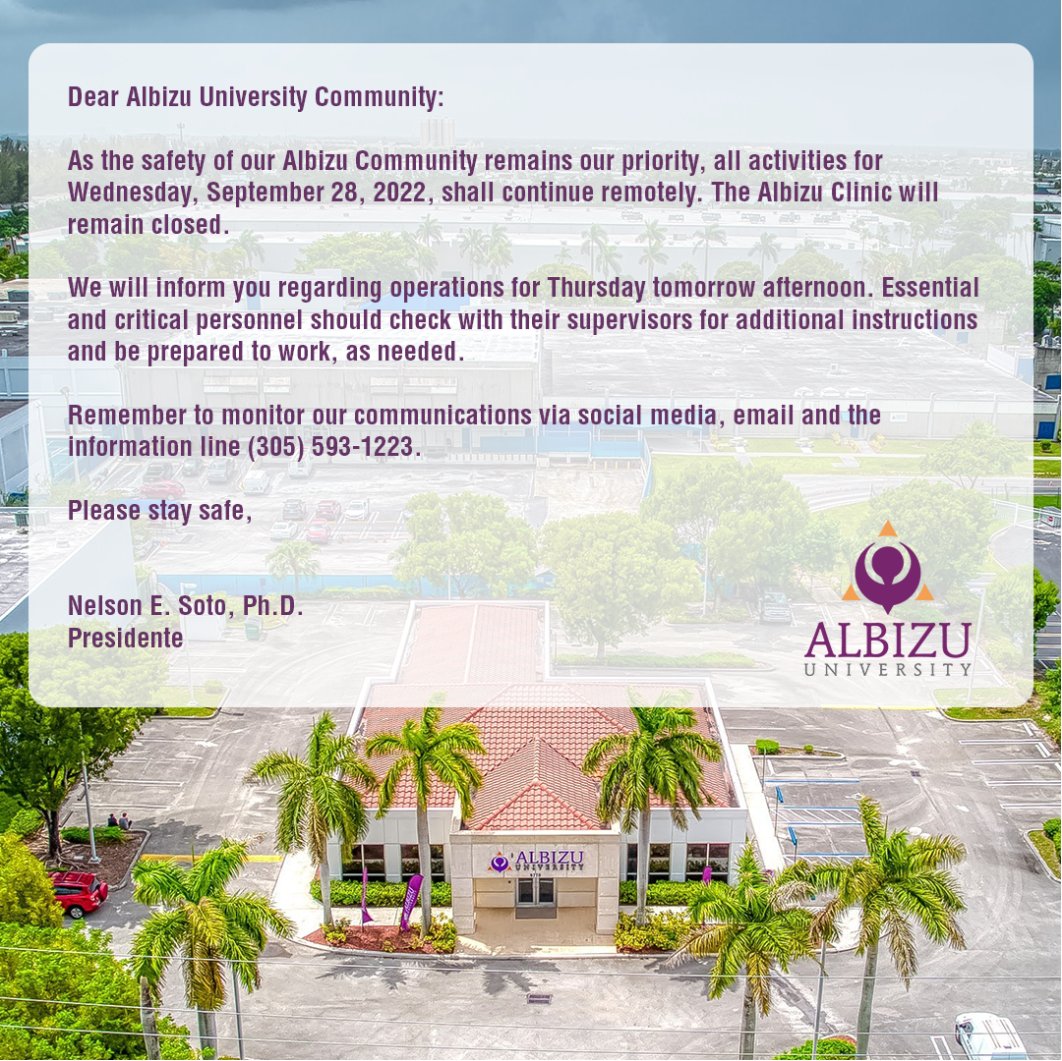 Important announcement to the Albizu University Community -Hurricane Ian