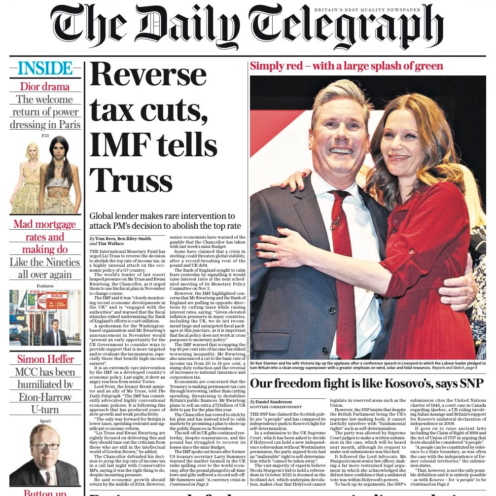 .
You know Liz Truss and Kwasi Kwarteng are in trouble when even the right-wing Torygraph leads with the IMF telling them to reverse their budget tax cuts - with a photo of Keir Starmer laughing! 😀

#R4Today #BBCBreakfast #GMB #KayBurley #ToryChaos  #TrussOut23  #ToriesOut83
.