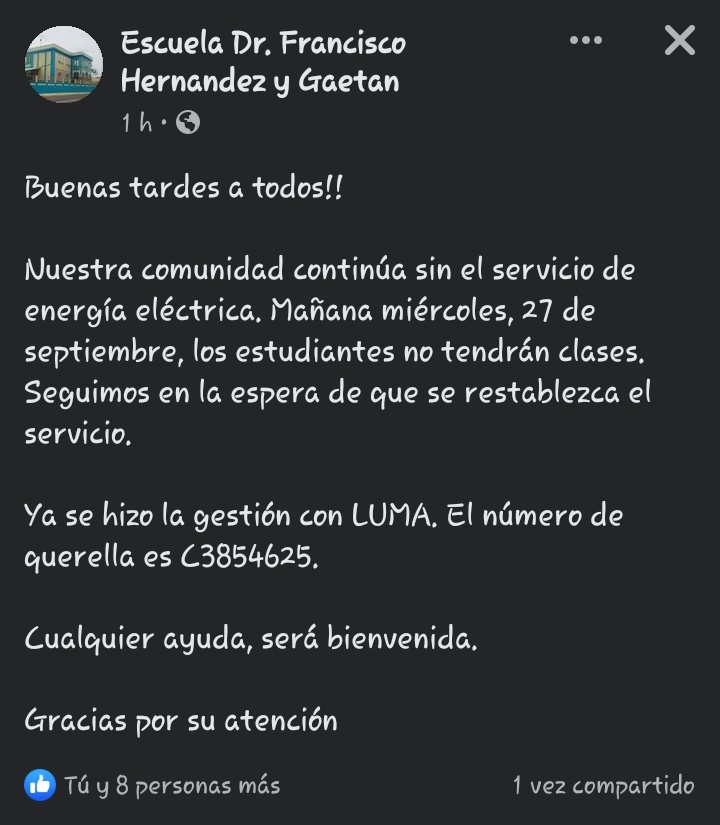 Damaris💝 (@damarisot4) on Twitter photo <a href="/MRomeroSJ/">Miguel Romero Alcalde SJ</a> <a href="/lumaenergypr/">LUMA Puerto Rico</a> <a href="/AEEONLINE/">Autoridad de Energía Eléctrica</a> <a href="/juanoscar51/">Juan Oscar Morales</a> <a href="/EDUCACIONPR/">Dpto. de Educación</a> Saludos, llevamos 8 días sin el servicio eléctrico. La esc necesita recibir a sus estudiantes ya q se van a seguir atrasando. La subestación q nos conecta está al lado d la esc. Necesitamos nos ayuden. Gracias! <a href="/MRomeroSJ/">Miguel Romero Alcalde SJ</a> <a href="/lumaenergypr/">LUMA Puerto Rico</a> <a href="/AEEONLINE/">Autoridad de Energía Eléctrica</a> <a href="/juanoscar51/">Juan Oscar Morales</a> <a href="/EDUCACIONPR/">Dpto. de Educación</a> Saludos, llevamos 8 días sin el servicio eléctrico. La esc necesita recibir a sus estudiantes ya q se van a seguir atrasando. La subestación q nos conecta está al lado d la esc. Necesitamos nos ayuden. Gracias!