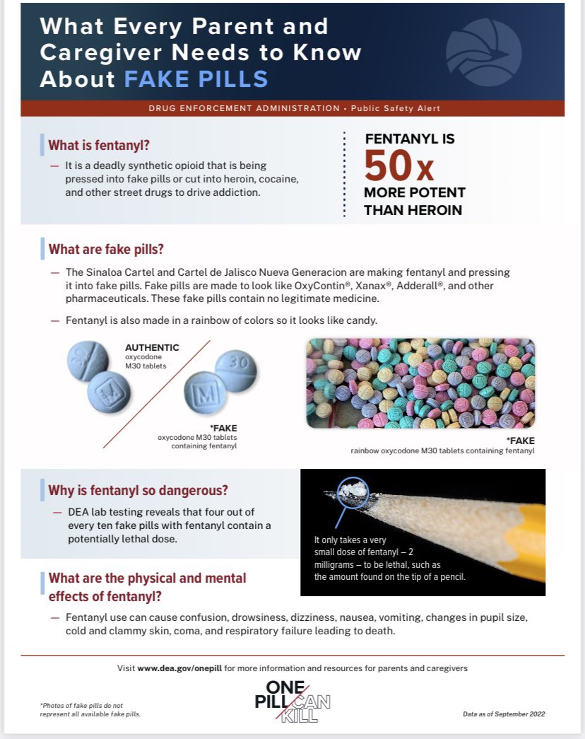 DEASEATTLEDiv's tweet photo. Parents: Please talk to your children about the dangers of fentanyl. Fake pills can contain deadly doses of fentanyl.  They aren’t just blue, now fentanyl is made in a rainbow of colors so it looks like candy. 
Learn more 👇 >>https://t.co/rOfL6LTTDI https://t.co/owgxbOPZHU