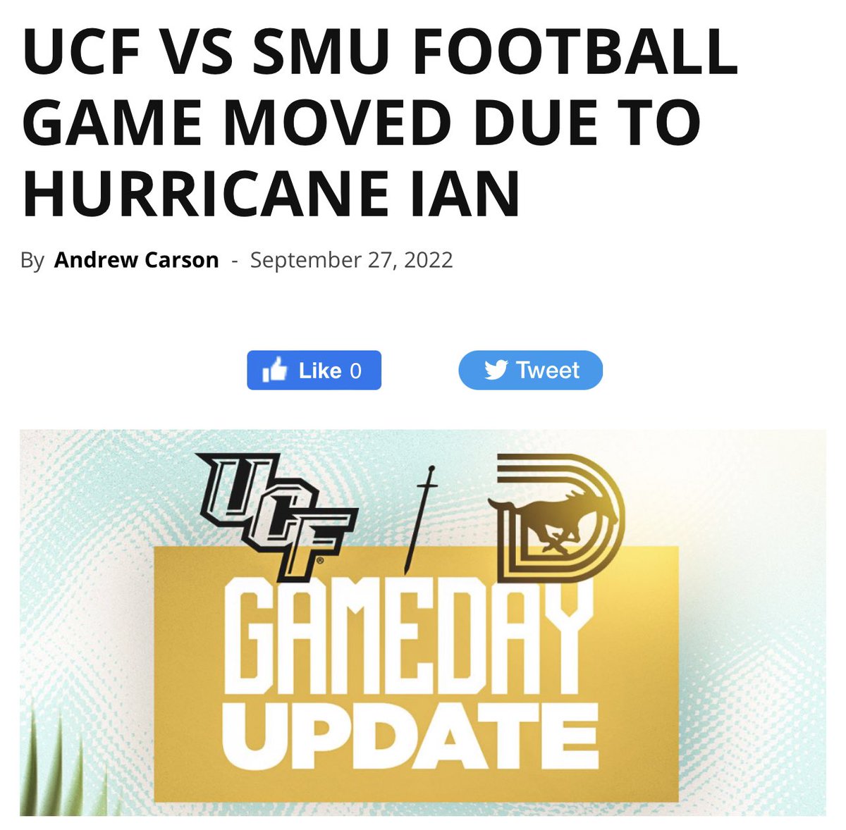 UCFKnightNews's tweet photo. UCF VS SMU FOOTBALL GAME MOVED DUE TO HURRICANE IAN 🏈⚔️🌀

The American Athletic Conference announced that Saturday’s home football matchup of UCF vs SMU will be moved to Sunday Oct. 2 due to the projected impact of hurricane Ian. #ucf #HurricaneIan 

https://t.co/zAGr8cMN5N https://t.co/FyC8hdDIQq