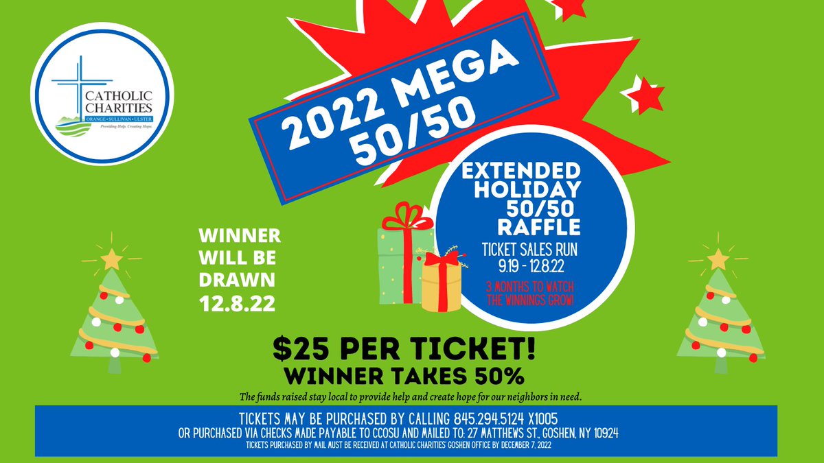 CathCharOSU's tweet photo. MEGA 50/50 Raffle this year! Winner receives 50% of proceeds. Only $25/ticket. Sales have already started. Drawing - December 8. To purchase tickets: Kristin.Jensen@cccsos.org/845.294.5124 x1005. 
Funds stay local to help our neighbors in need. 
#mega5050
#gottabeinittowinit https://t.co/AkIyWSdXmh