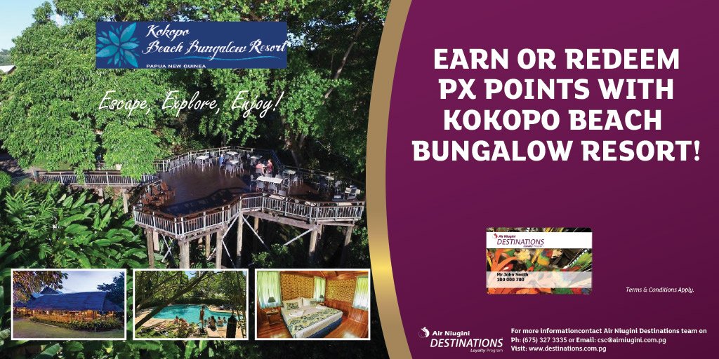 PXDLP's tweet photo. You can now Redeem your Air Niugini Loyalty points at Kokopo Beach Bungalow Resort.
Also a place to Earn your Loyalty points.
For more information, contact the Destinations team or visit the website https://t.co/5gfFTA1lGC
#pxloyalty #destinations #kokopobeachbungalow #rabaul https://t.co/0QQb1zBV9U