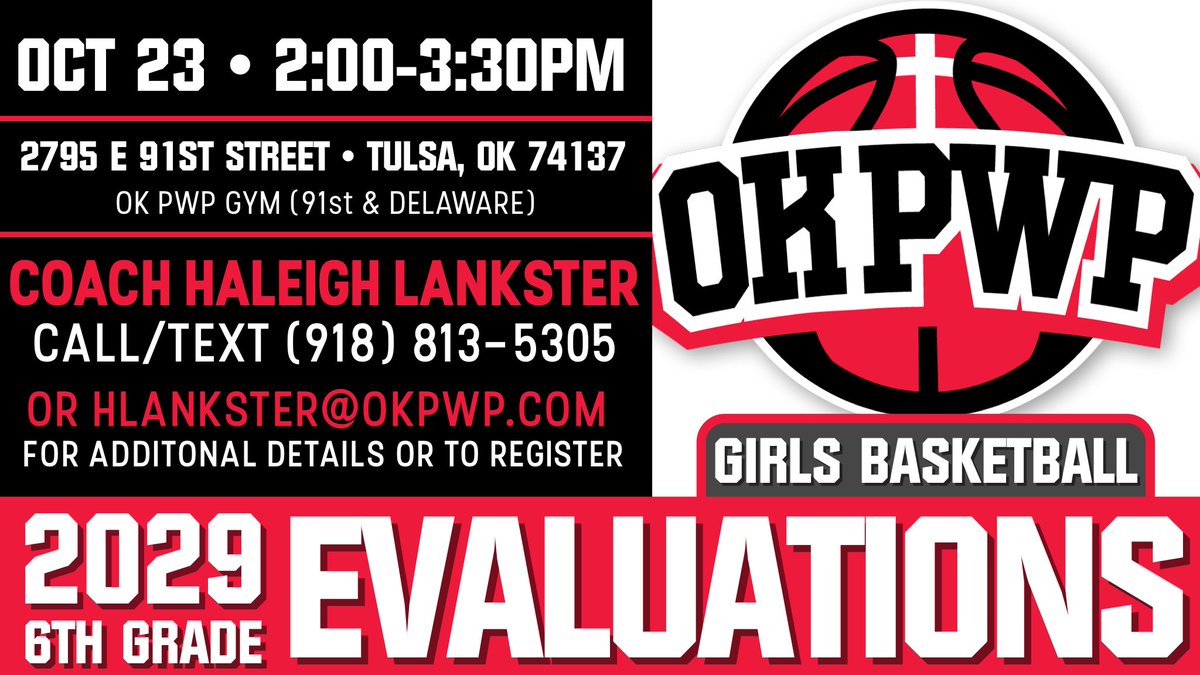 oklahomapwp's tweet photo. 2029 GIRLS EVALUATIONS!

🗓 Sunday, October 23
⏰ 2:00-3:30pm
📍 OK PWP Gym

Any 6th Grade Girls interested in trying out for PWP 2029 team, please call/text Coach Lankster to register or for more information! 

🧢 Coach Haleigh Lankster 
📱 918-813-5305
📧 hlankster@okpwp.com https://t.co/IrXqMqO1IY