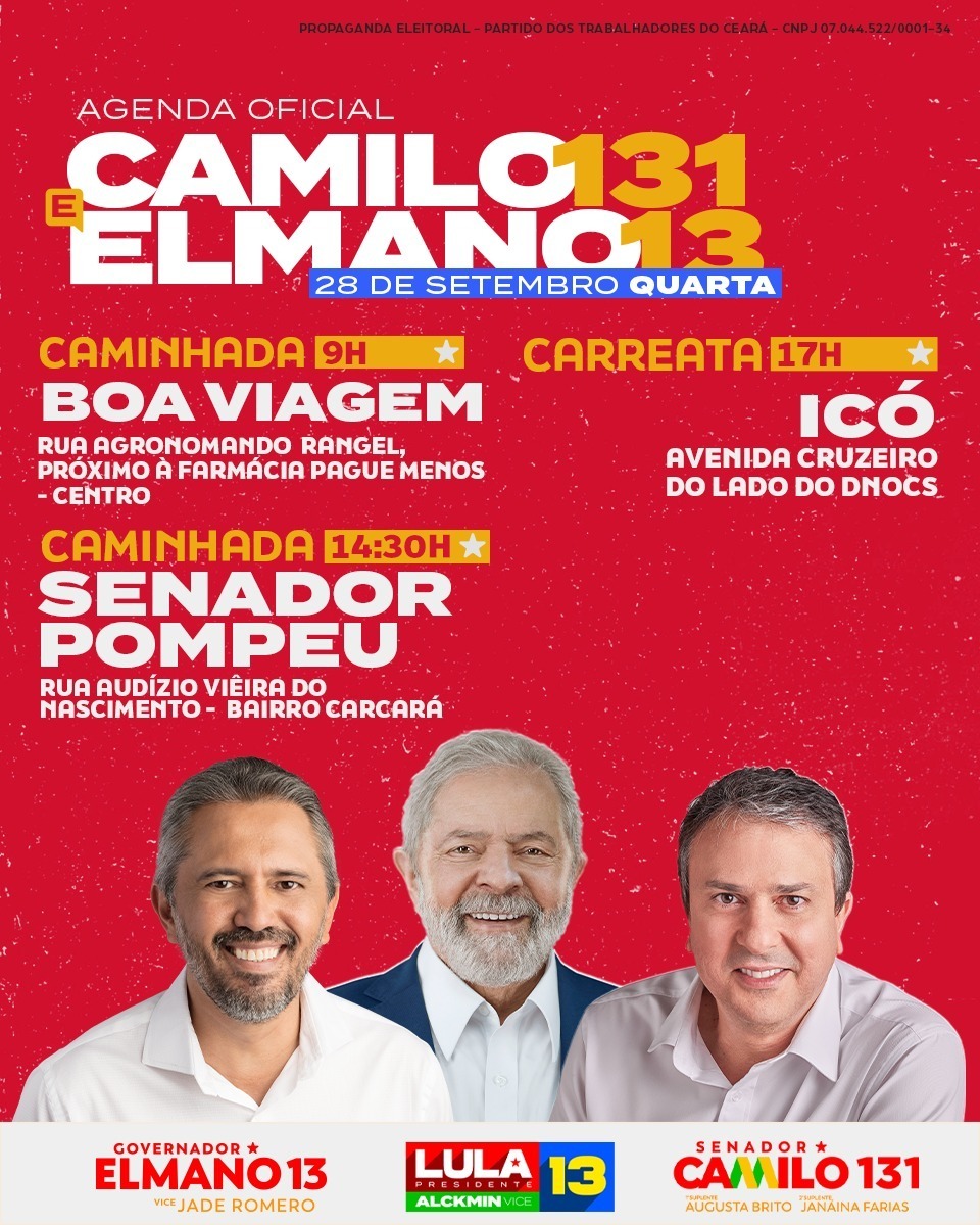 PTCeara's tweet photo. 🚩 Confira a agenda desta quarta-feira (28), dos candidatos @camilosantanaoficial e @elmanofreitas. ⭐
#TimeDo13 #PTCeará #PTCeará
Propaganda eleitoral - Partido dos Trabalhadores do Ceará - CNPJ 07.044.522/0001-34 https://t.co/oOzndQtikJ