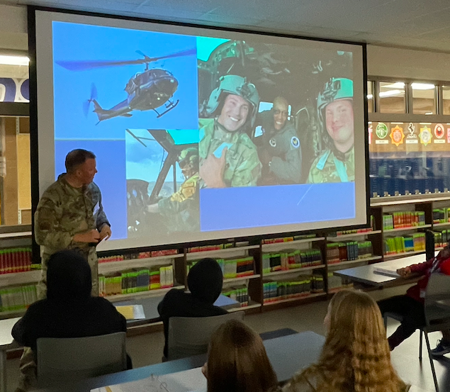 MissPotter16's tweet photo. Former Friendship student and Miss DeSilvia's brother, Nick DeSilvia, returned to his alma mater as an Air Force Helicopter Pilot and presented to our college and career ready classes in AVID/AVID Excel.  @D59Friendship @KellyLinsner https://t.co/C7NGzp4snA