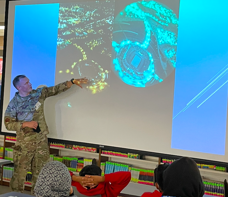 MissPotter16's tweet photo. Former Friendship student and Miss DeSilvia's brother, Nick DeSilvia, returned to his alma mater as an Air Force Helicopter Pilot and presented to our college and career ready classes in AVID/AVID Excel.  @D59Friendship @KellyLinsner https://t.co/C7NGzp4snA
