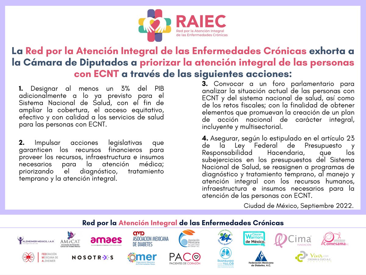 RAIEC_MX's tweet photo. Las 16 organizaciones que conforman la @RAIEC_MX solicitamos a la @Mx_Diputados priorizar la atención integral de las personas con #ECNT
Conoce los puntos prioritarios que proponemos: https://t.co/fuVHjOOQ4H