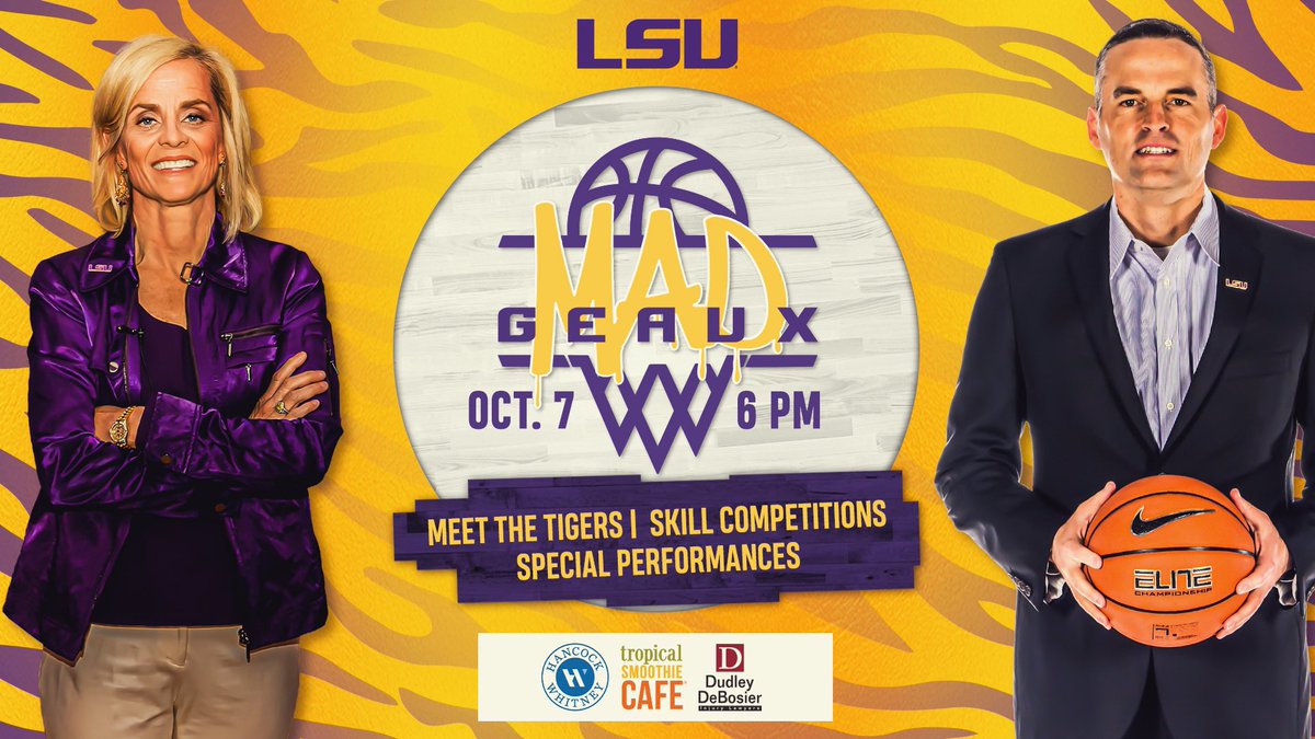 Basketball begins on the Bayou with Geaux Mad. Join both Tiger basketball teams October 7, the night before the Tennessee football game, for an exciting night of skill competitions and performances in the plaza south of the PMAC! 🔗 lsul.su/3rfX9WR