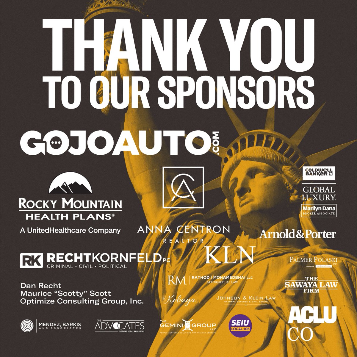 ACLUofColorado's tweet photo. Thank you to our Toward Liberty 2022 sponsors. We're proud to have you alongside us in the fight for justice.

We'll see you this Thursday for our incredible sold-out event!

https://t.co/7Cz8H1R5LG https://t.co/a7A3Cm3f5u
