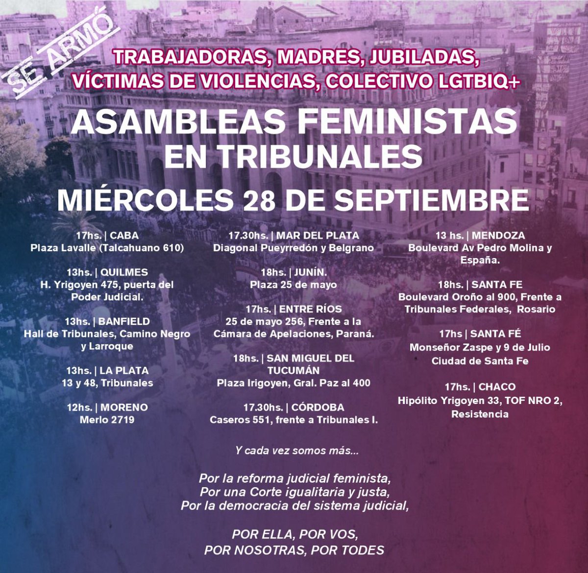 cnctargentina's tweet photo. 🟣Asambleas feministas en todas las plazas de Tribunales del país🟣

Por la reforma judicial feminista
Por una Corte justa e igualitaria
Por la democracia del sistema judicial

 💪🏾⚖️

#reformajudicialfeminista
#cortealacorte https://t.co/th94AZ9wuD