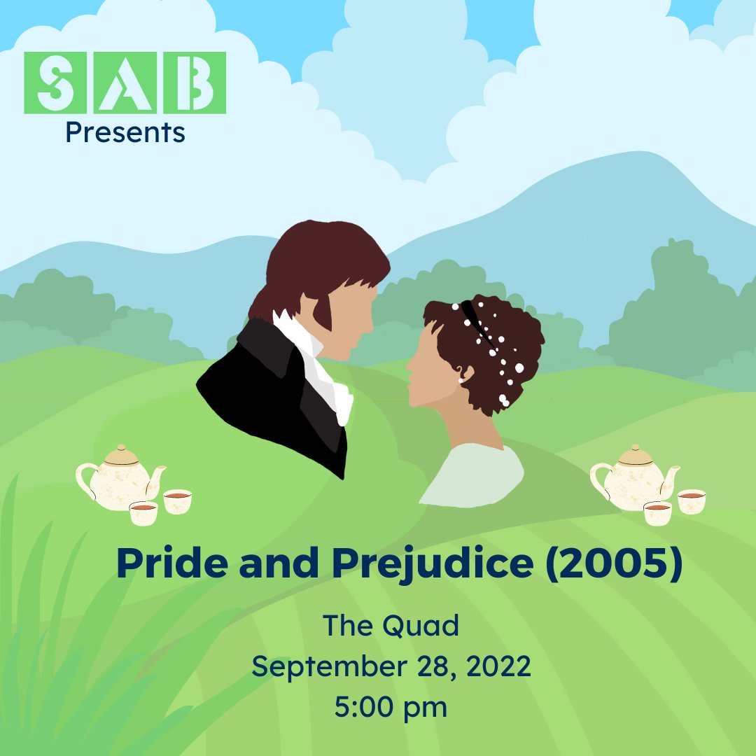 Come to the quad on Wednesday, September 28th at 5pm to enjoy tea party style food items and a variety of teas while watching Pride and Prejudice (2005)! Food items include tea sandwiches, appetizers, cream puffs, coconut macaroons, and shortbread cookies.