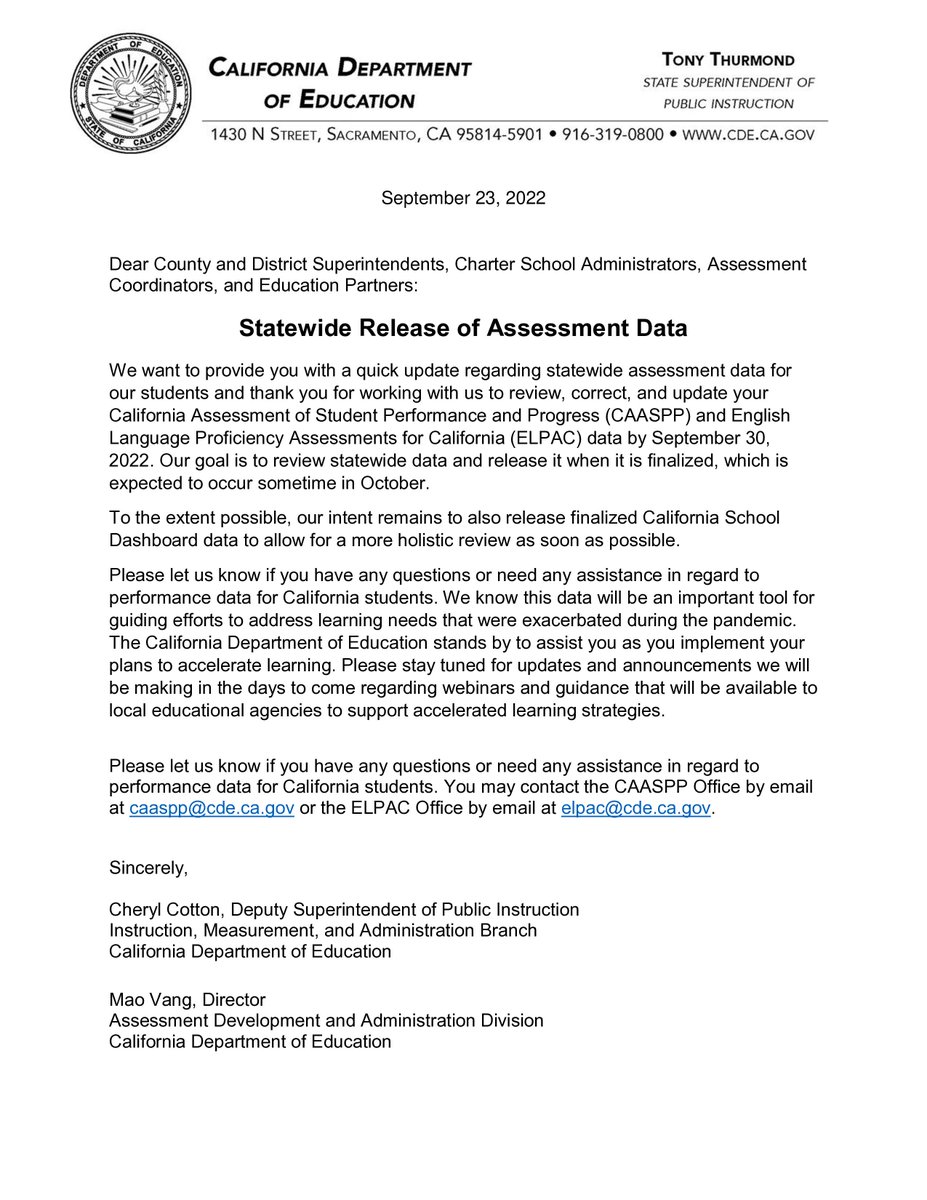 CADeptEd's tweet photo. As the first few weeks of school are underway, schools are turning to data they can use to steer resources to address learning recovery. Districts will finalize their review of their data from the 2021-22 school year by Sept. 30. (1/2) https://t.co/ontk3Bsk1S