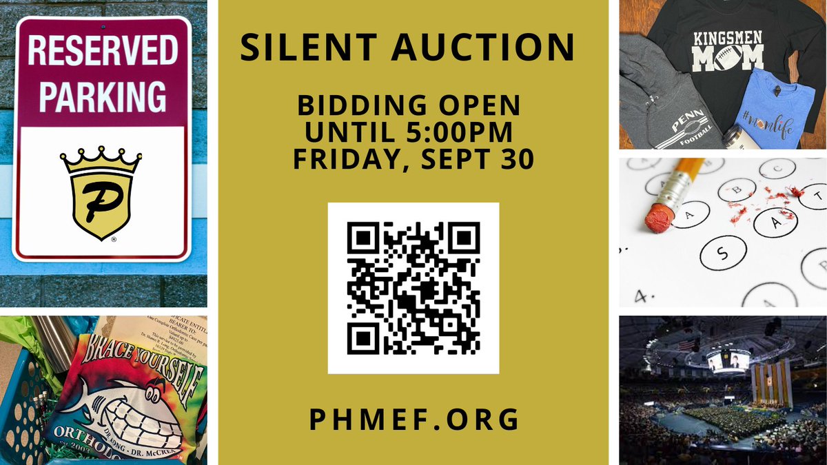 PHM Ed Foundation (@phmedfoundation) on Twitter photo HEY PHS parents & students! Don't miss your chance to bid on some AMAZING silent auction items!! We even found 3 more <a href="/pennpride365/">Penn High School</a> parking spots for this 2022-23 school year!!
Visit phmef.org to bid on these items and MORE! Auction closes at 5pm Friday, Sept 30 HEY PHS parents & students! Don't miss your chance to bid on some AMAZING silent auction items!! We even found 3 more <a href="/pennpride365/">Penn High School</a> parking spots for this 2022-23 school year!!
Visit phmef.org to bid on these items and MORE! Auction closes at 5pm Friday, Sept 30